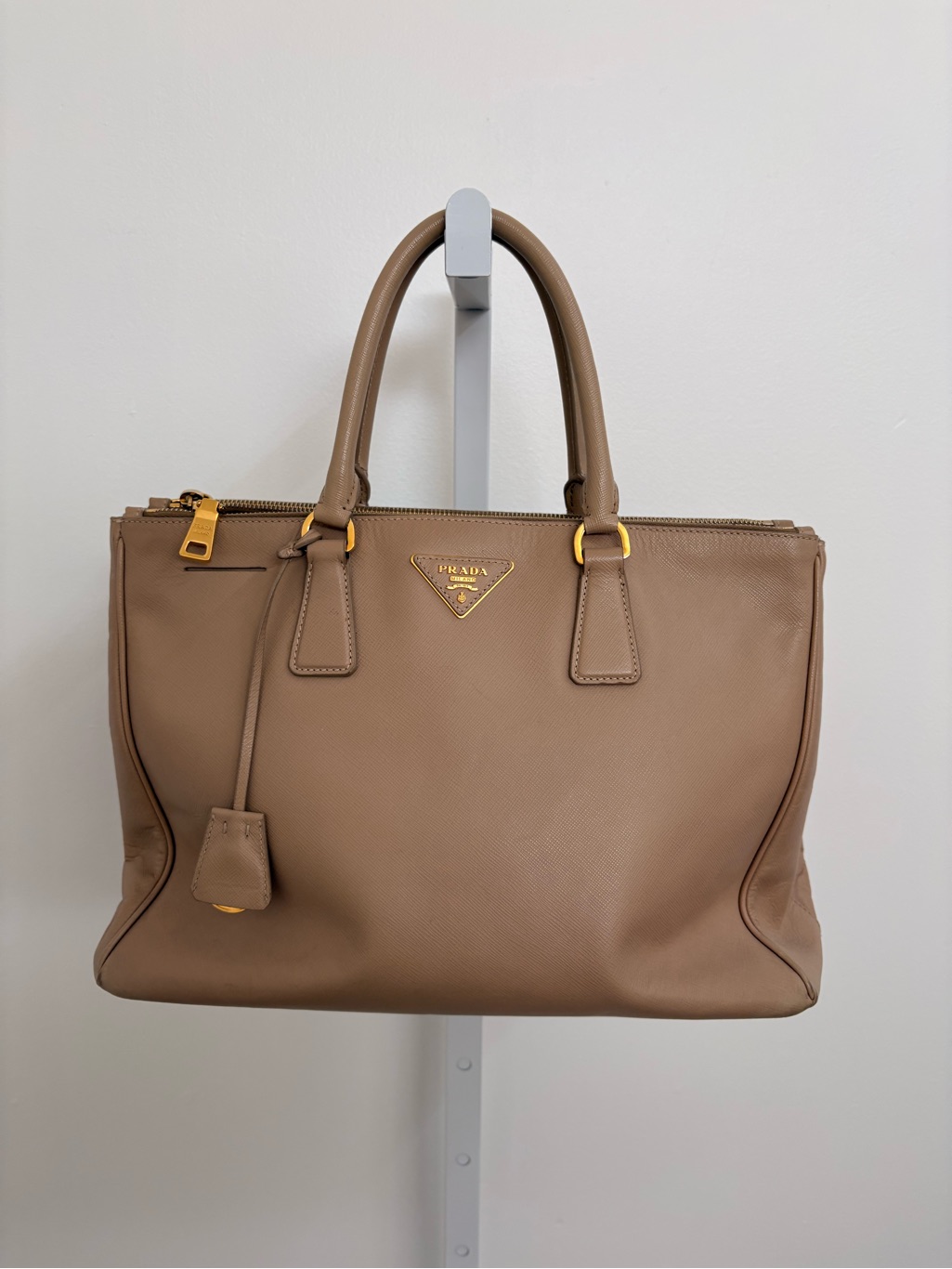 Prada Beige Saffiano Leather Satchel With Gold Hardware